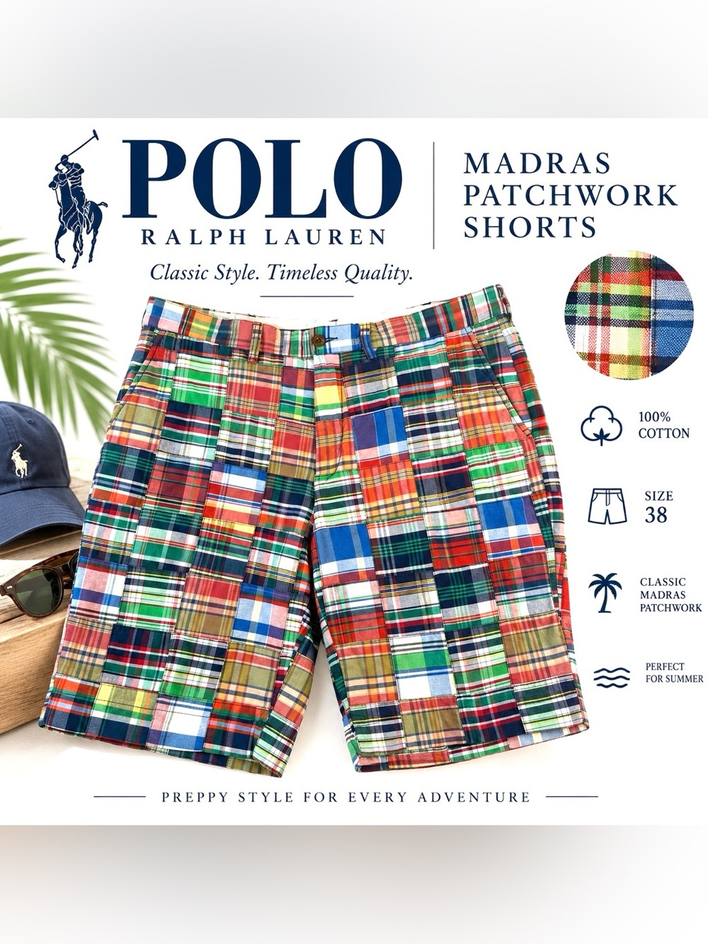 Polo Ralph Lauren Men’s 38 Madras Patchwork Plaid Shorts 100% Cotton Preppy